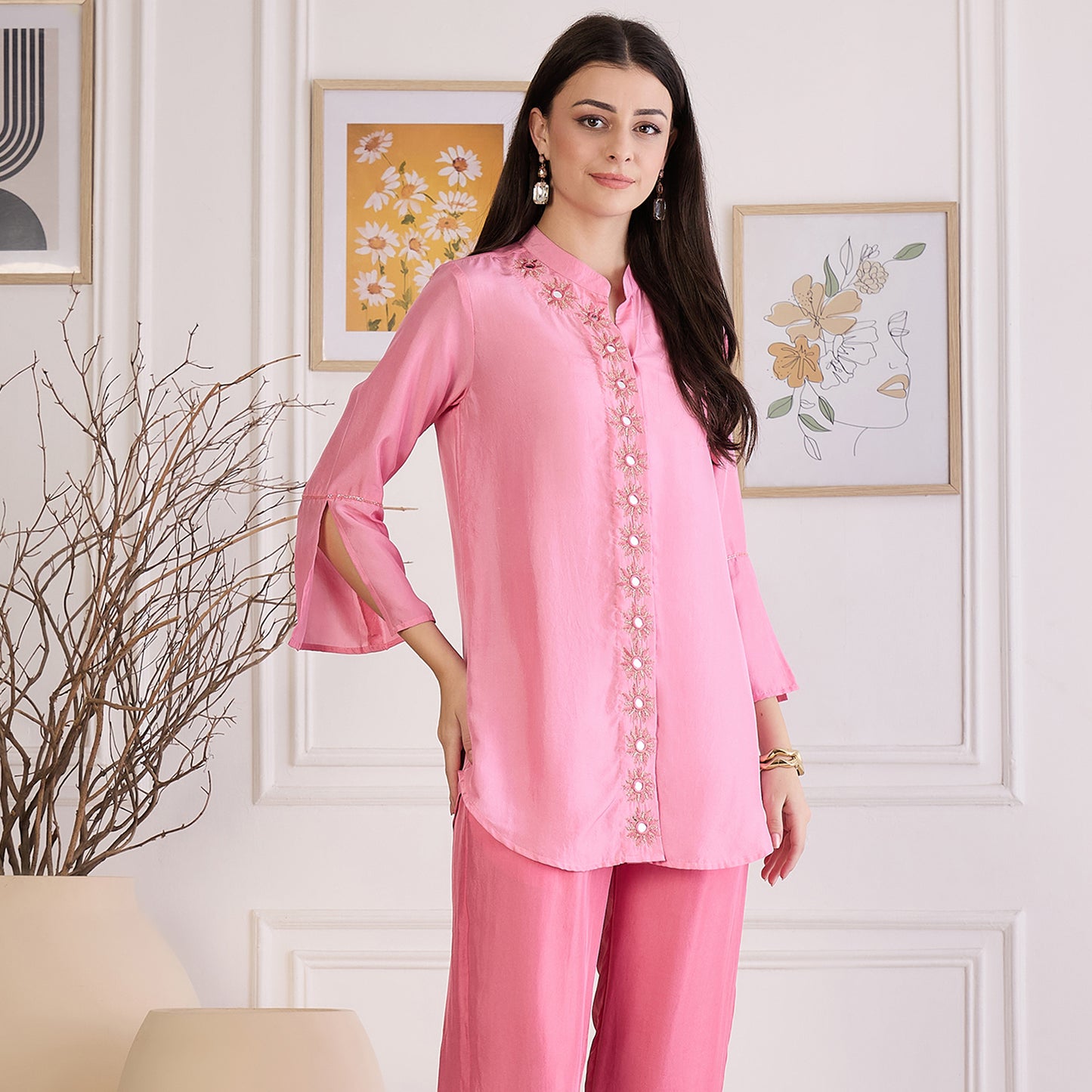 Pink Hand Embroidered Shirt Top