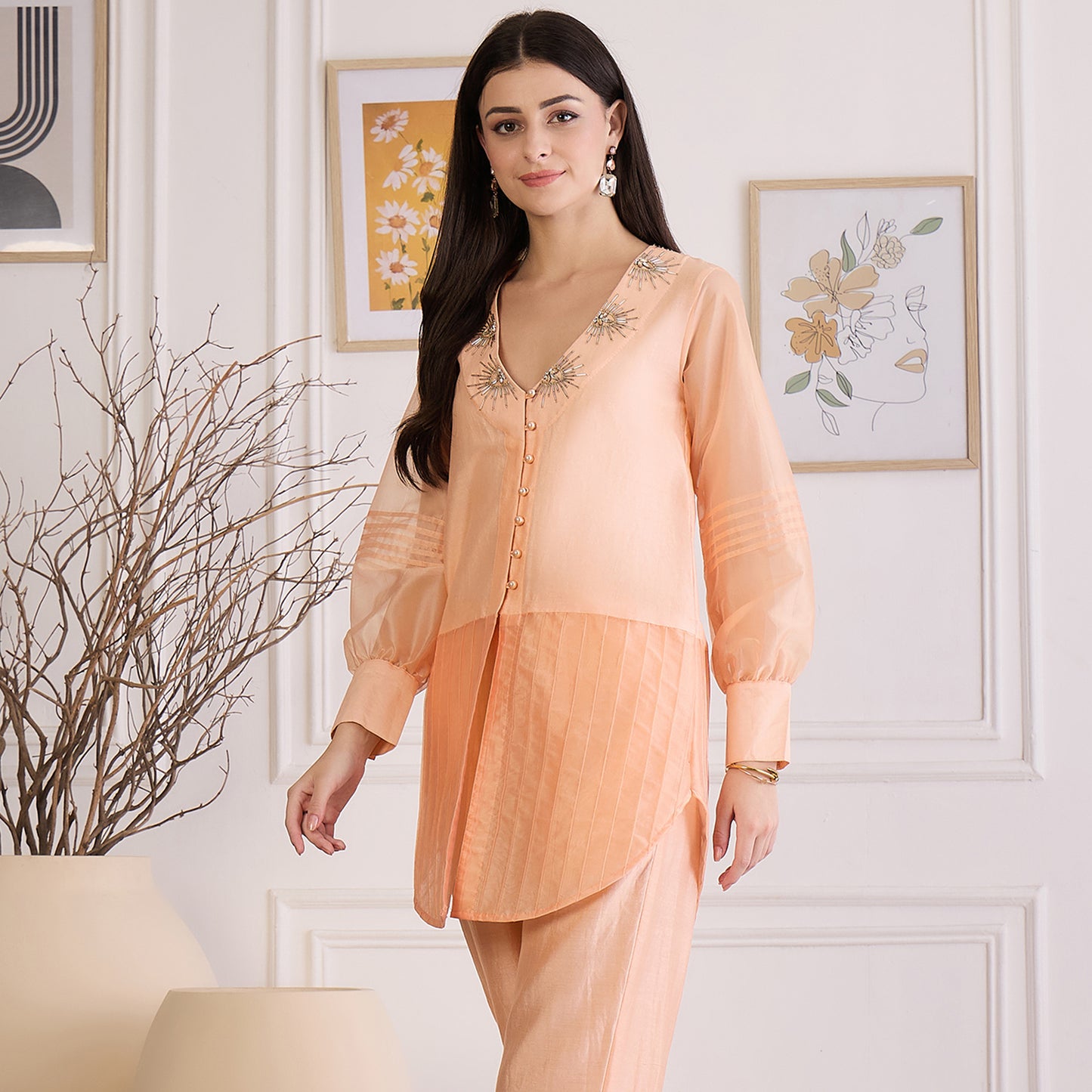 Peach Blush Pin Tuck Hand Embroidered Top