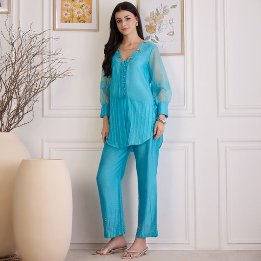 Sky Blue Pin Tuck Hand Embroidered Top