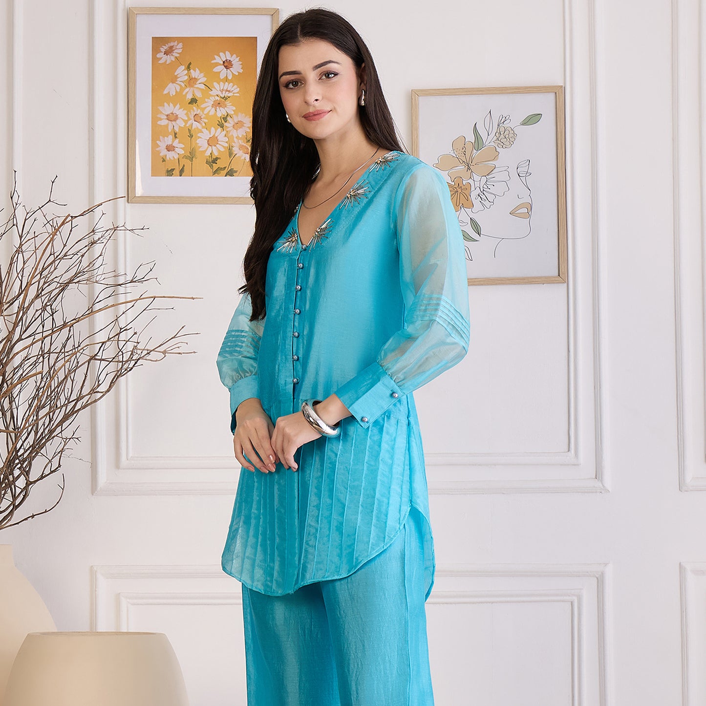 Sky Blue Pin Tuck Hand Embroidered Top