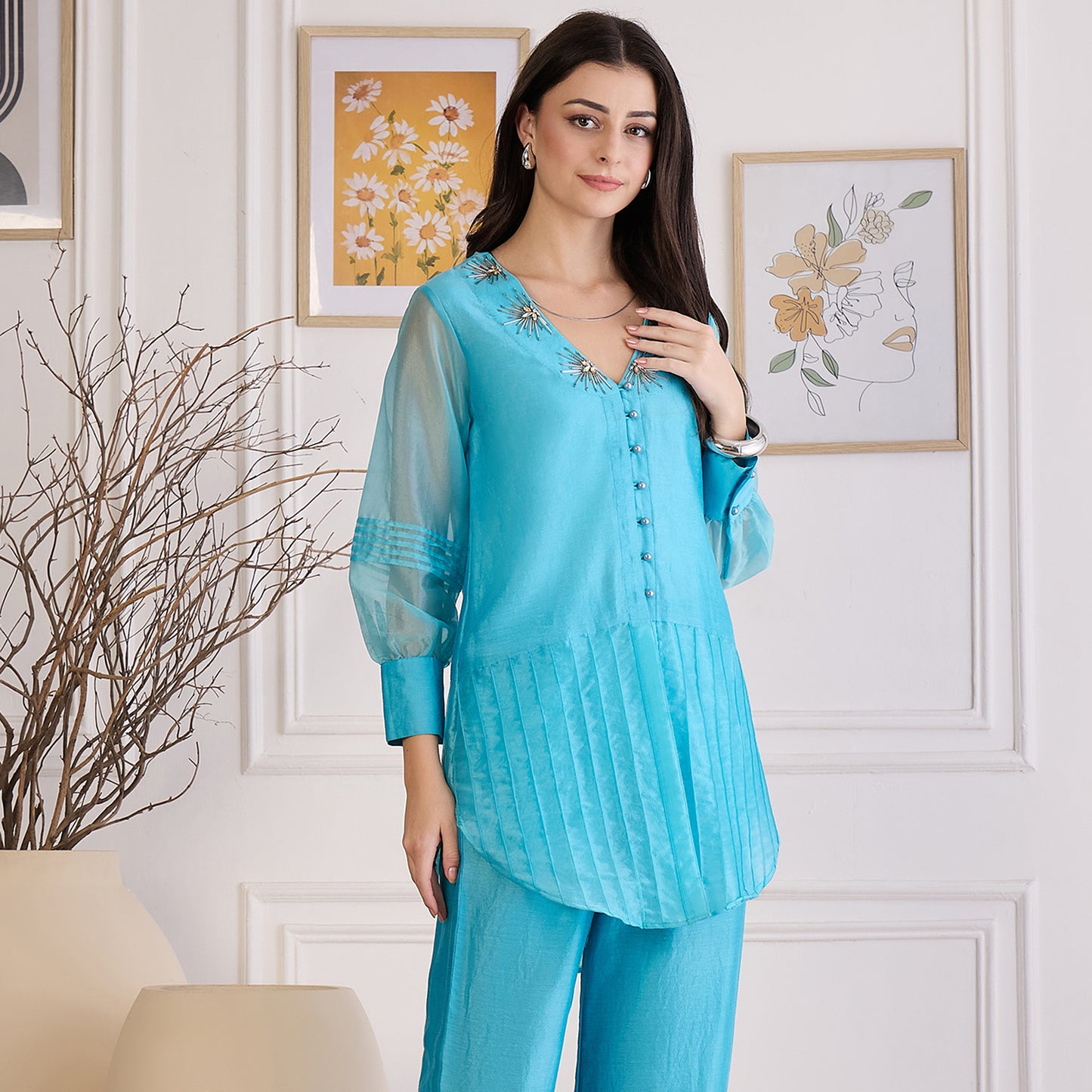 Sky Blue Pin Tuck Hand Embroidered Top