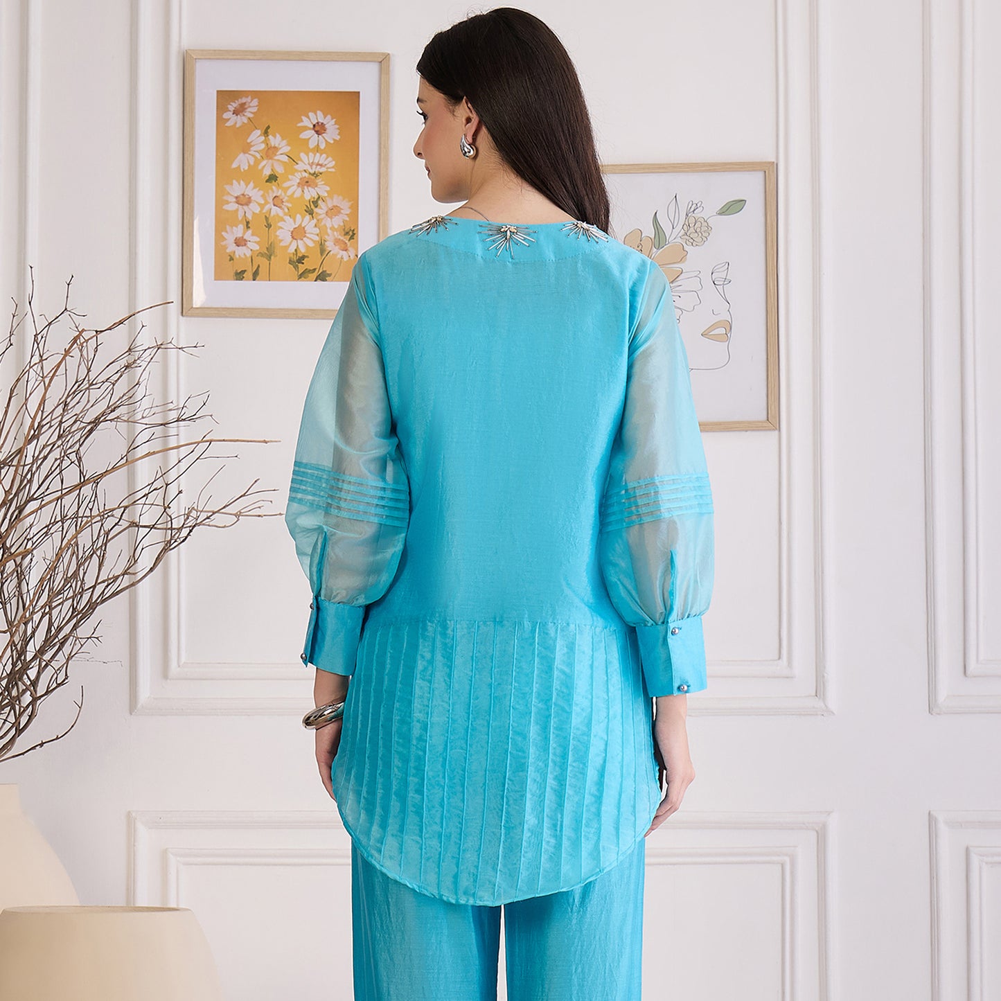Sky Blue Pin Tuck Hand Embroidered Top