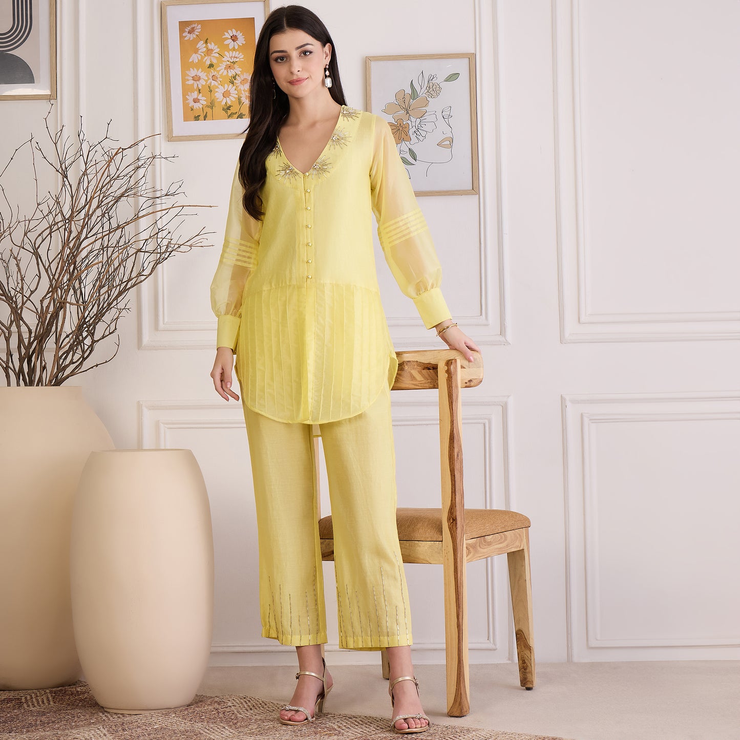 Yellow Pin Tuck Hand Embroidered Top