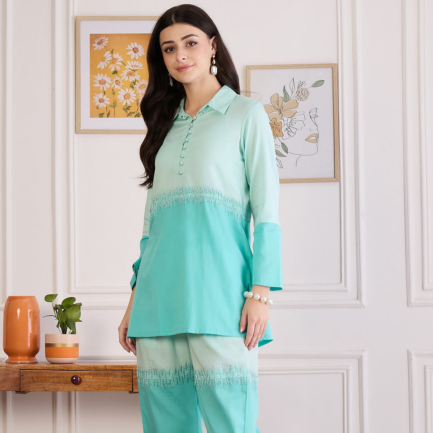 Jelly Mint Dual-Tone Hand Embroidered Top