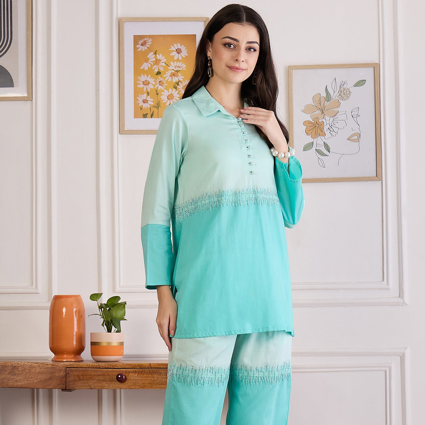 Jelly Mint Dual-Tone Hand Embroidered Top