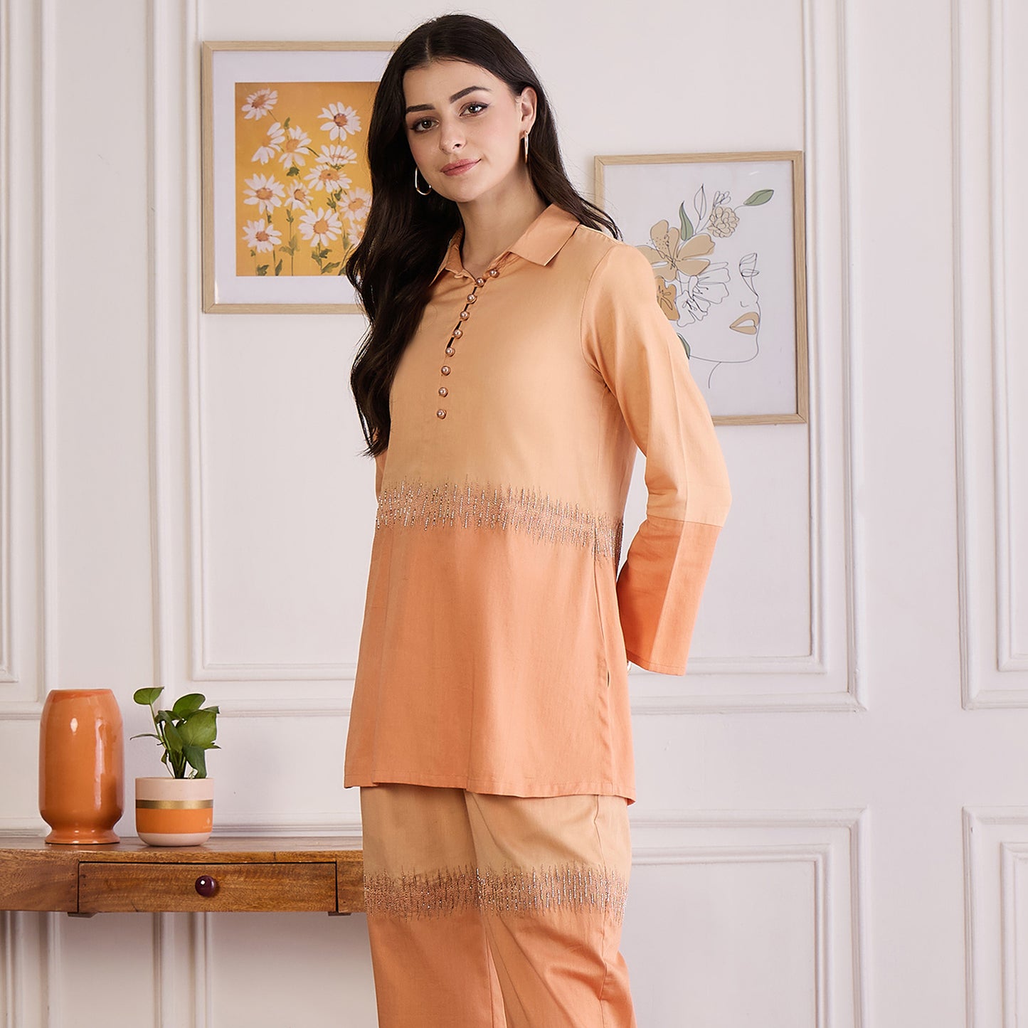 Melon Dual-Tone Hand Embroidered Top