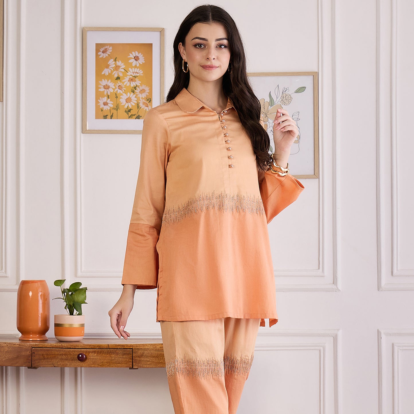Melon Dual-Tone Hand Embroidered Top