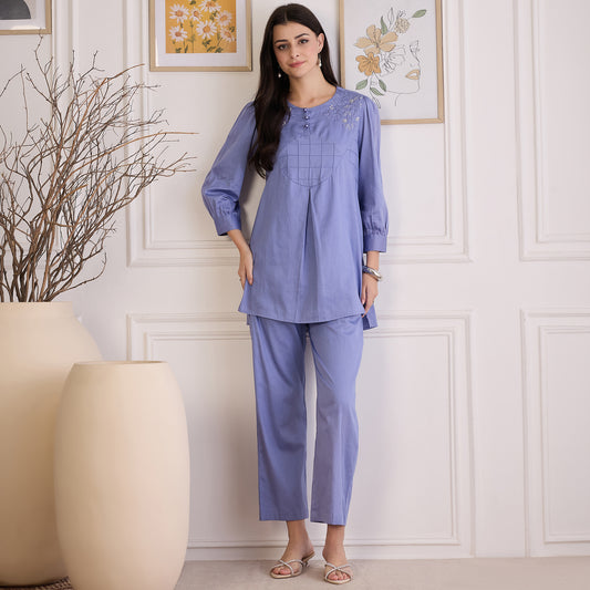 Mountain Blue Pintuck Hand Embroidered Top