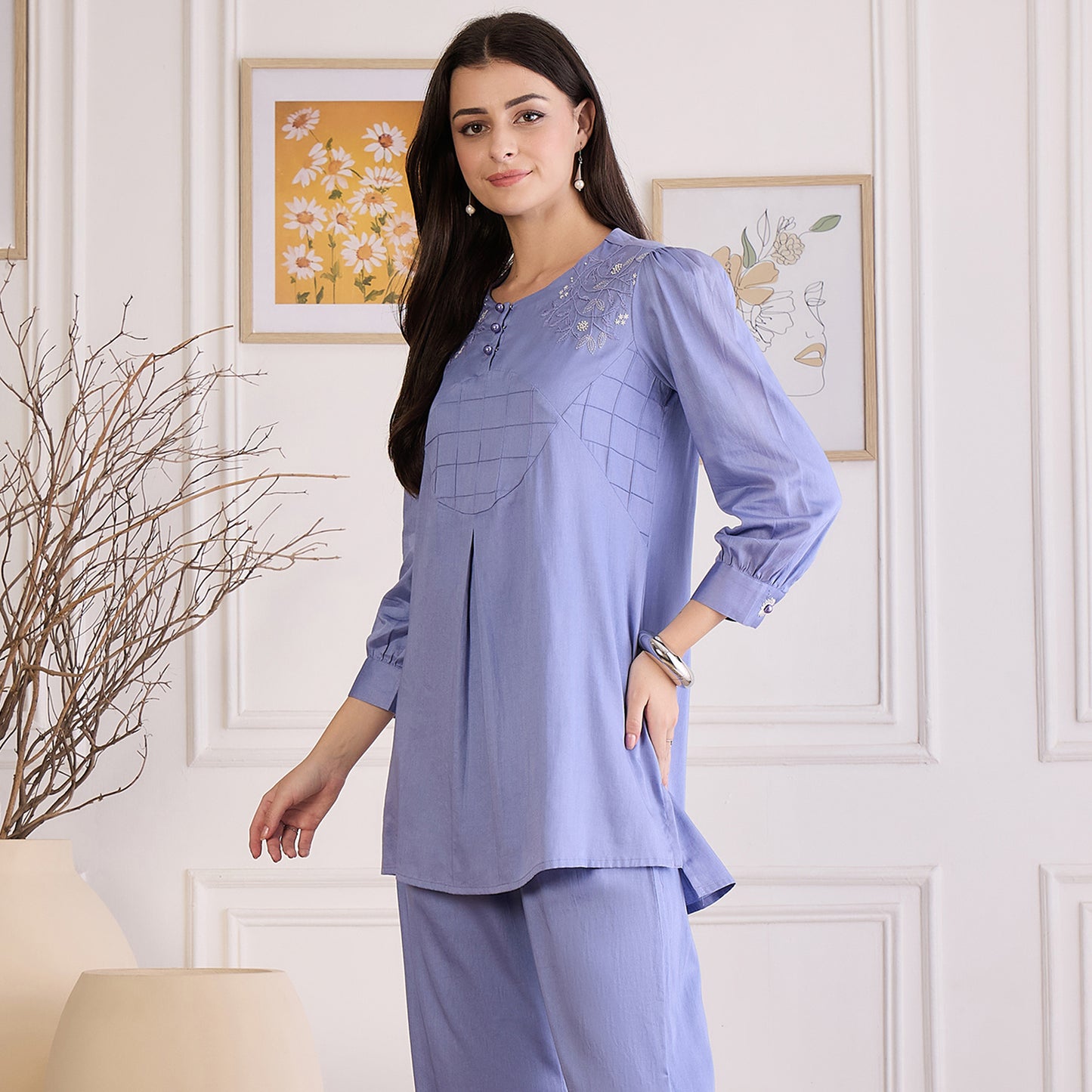 Mountain Blue Pintuck Hand Embroidered Top