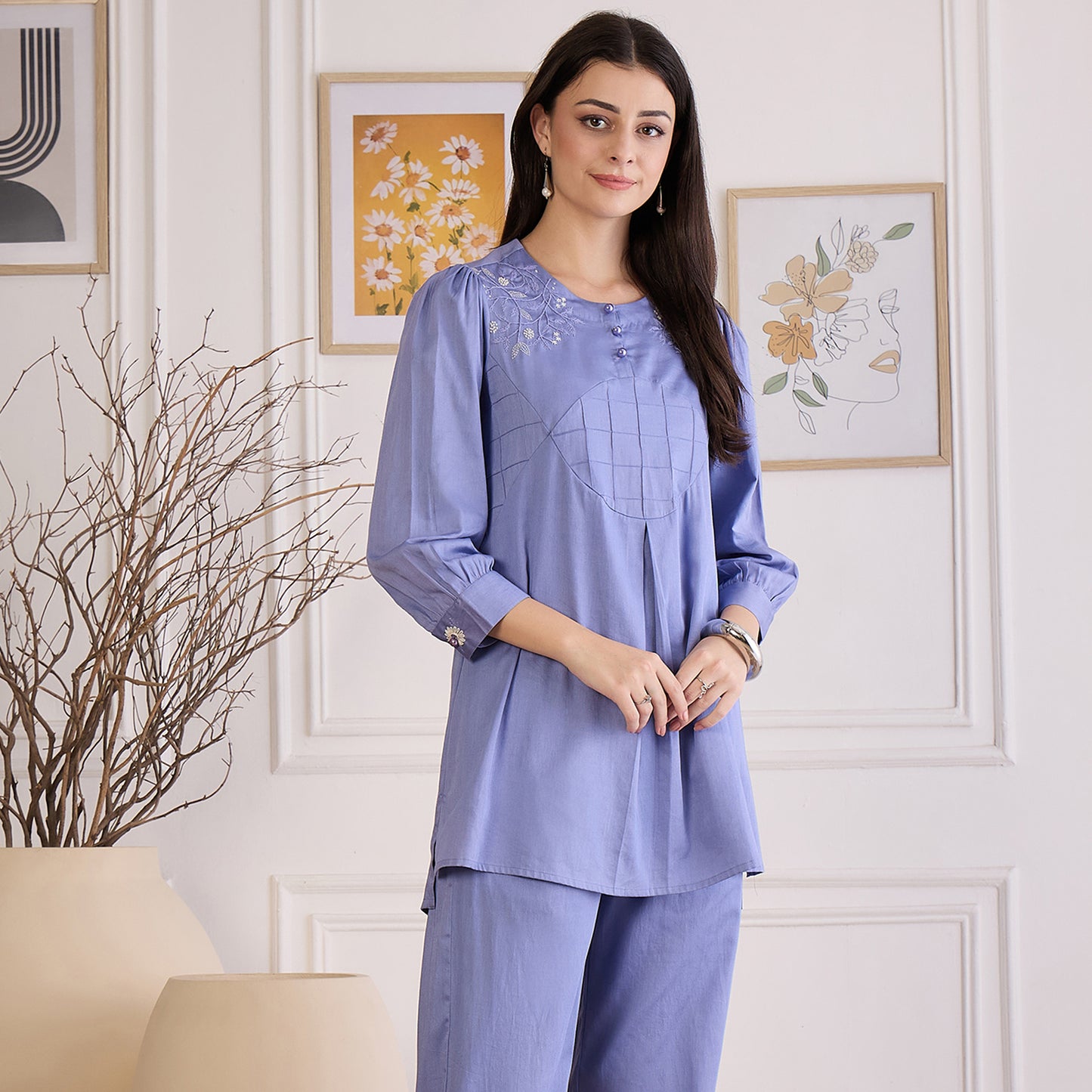 Mountain Blue Pintuck Hand Embroidered Top