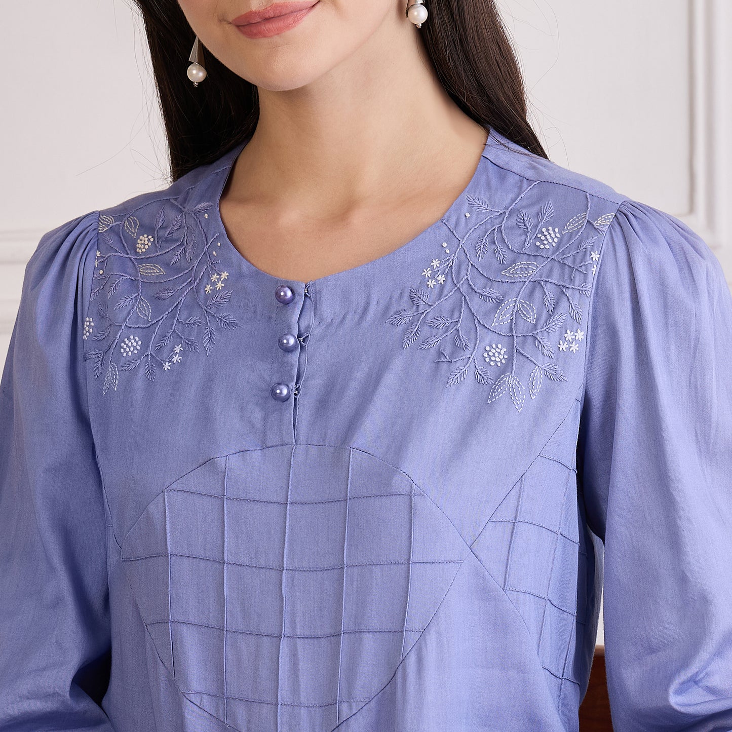 Mountain Blue Pintuck Hand Embroidered Top
