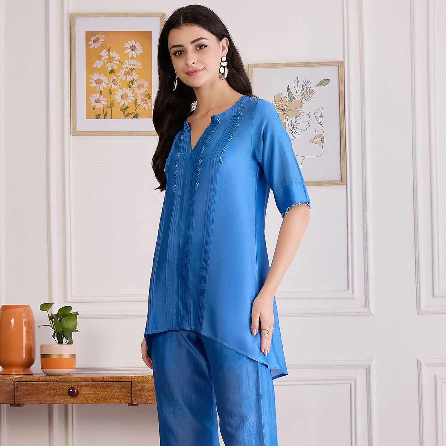 Blue Pin Tucked Beaded Pintuck Top