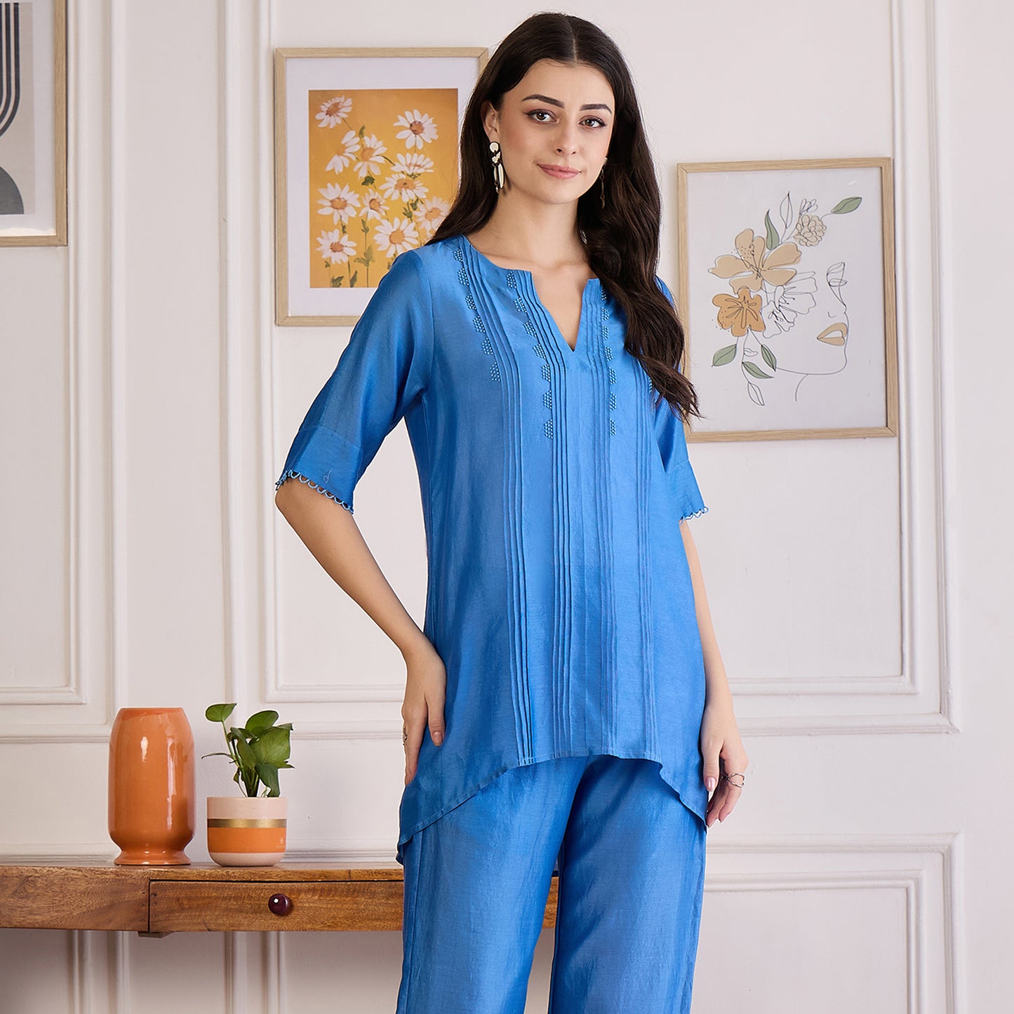 Blue Pin Tucked Beaded Pintuck Top
