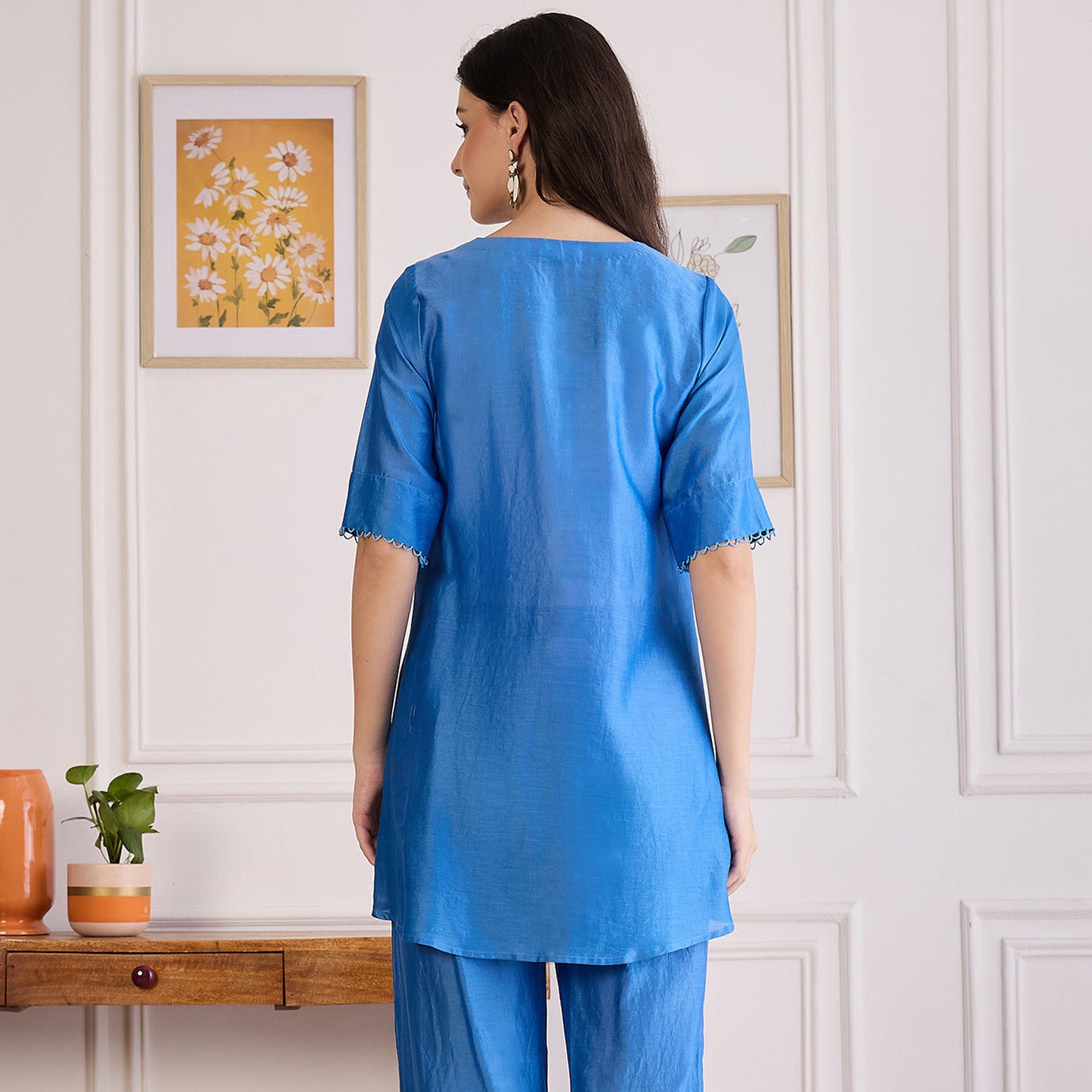 Blue Pin Tucked Beaded Pintuck Top