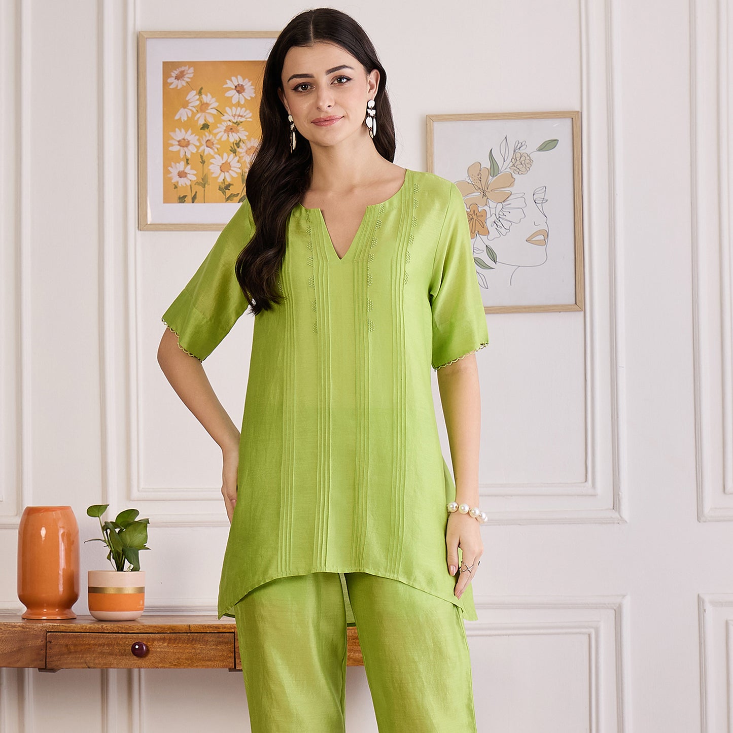 Lime Green Pin Tucked Beaded Pintuck Top