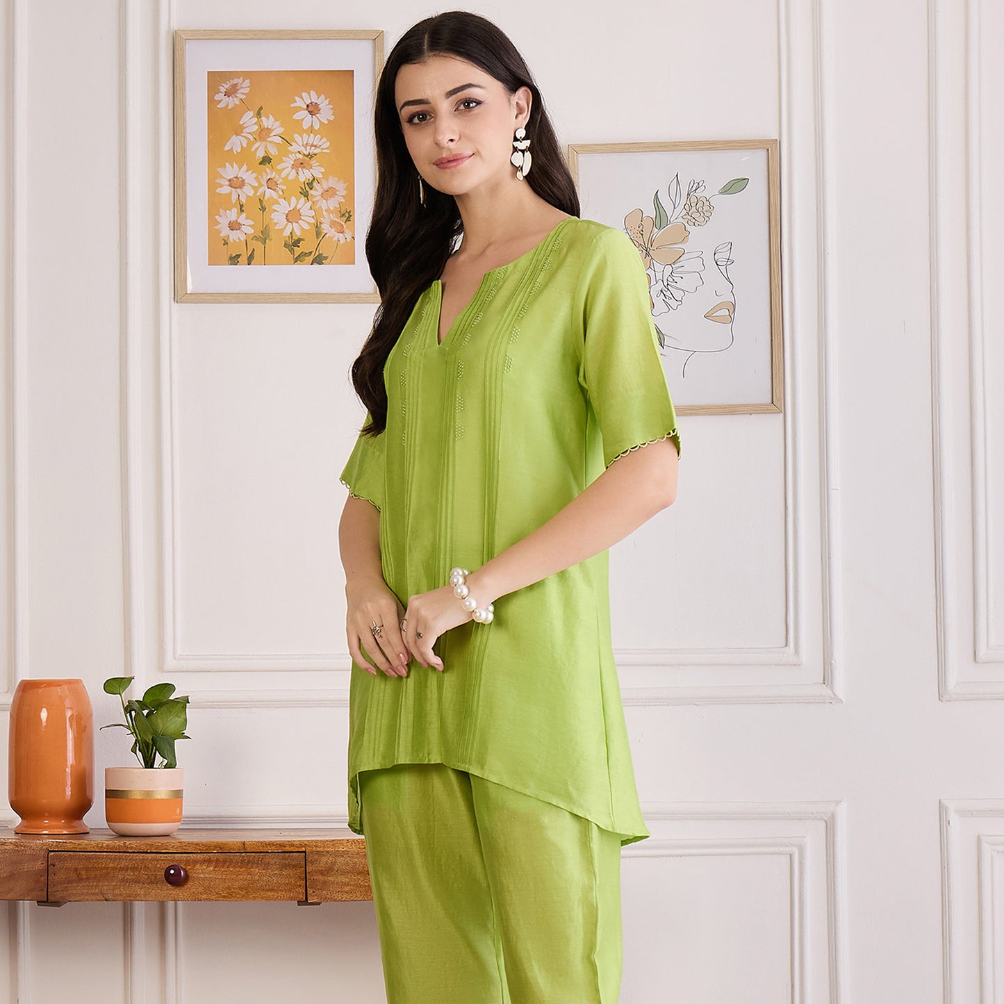 Lime Green Pin Tucked Beaded Pintuck Top