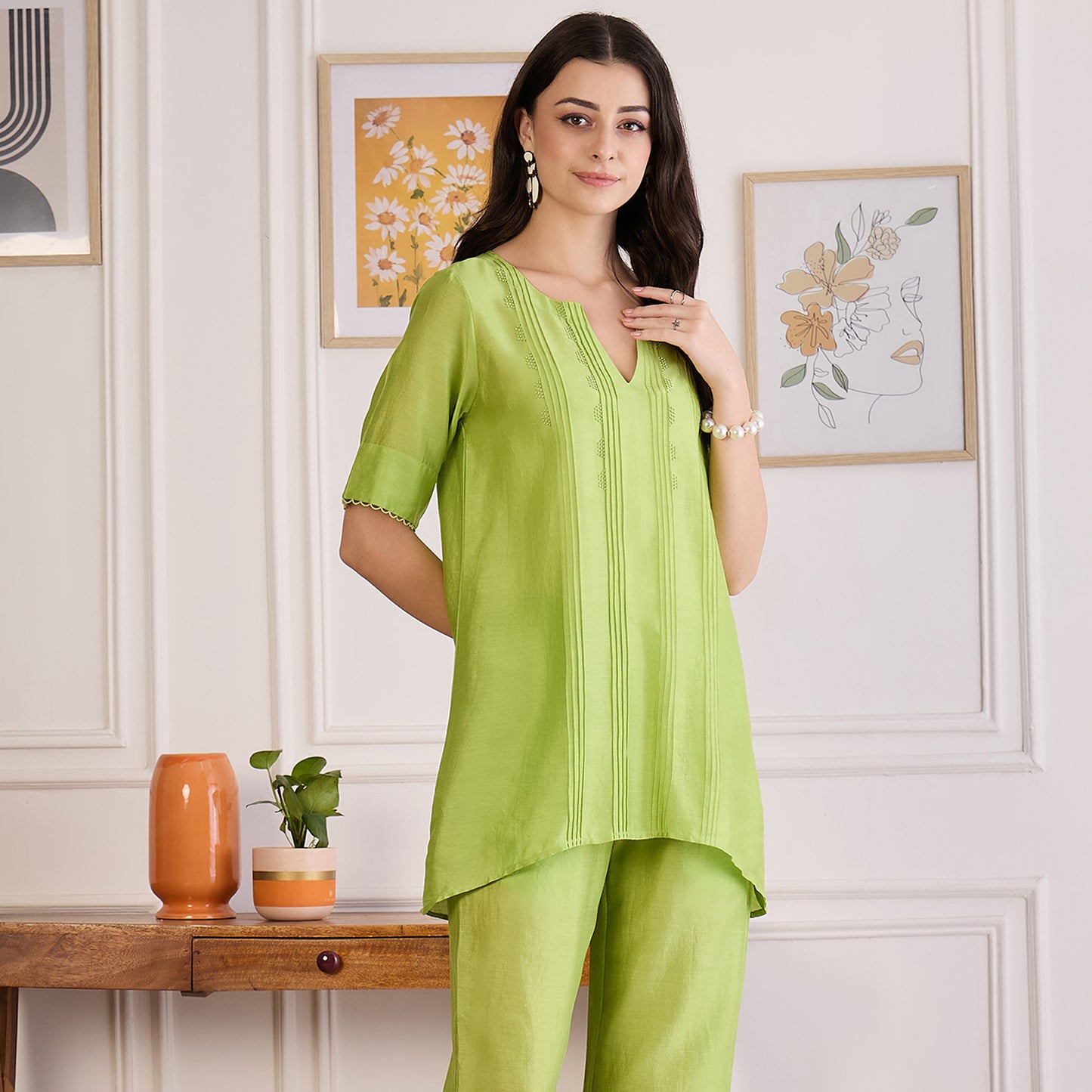 Lime Green Pin Tucked Beaded Pintuck Top