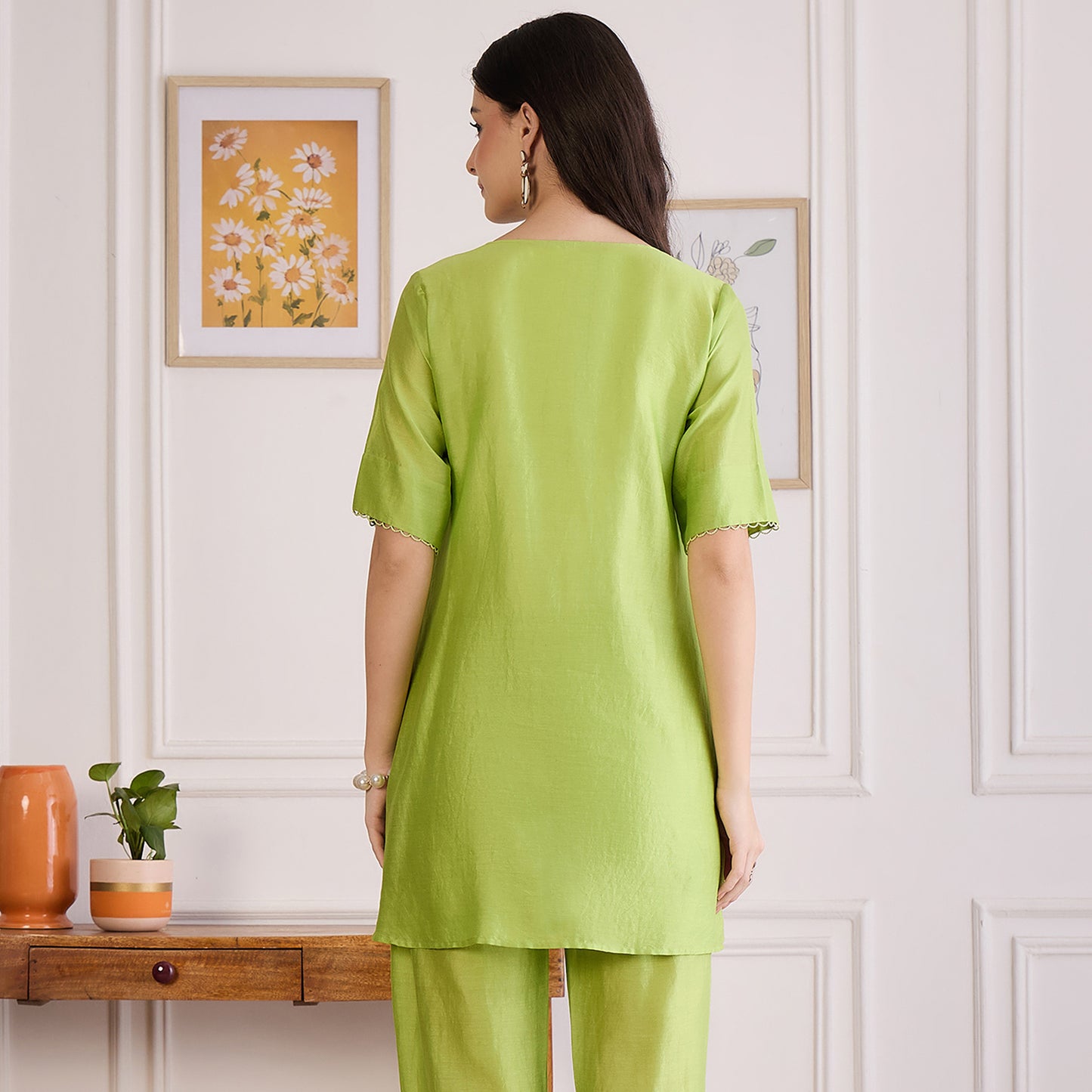 Lime Green Pin Tucked Beaded Pintuck Top