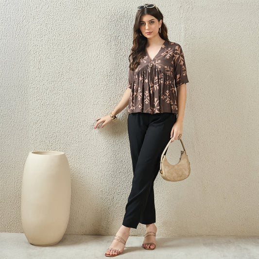 Brown Star Print Peplum Top