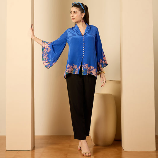 Cobalt Blue Floral Flared Embellished Top