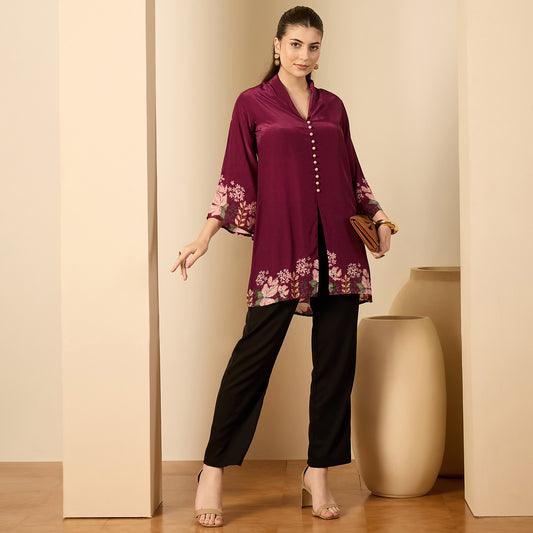 Magenta Floral Flared Embellished Top