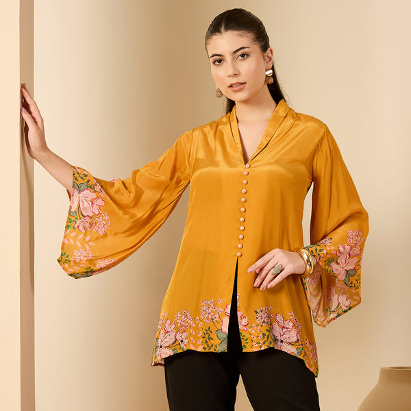 Mustard Yellow Floral Print Top for Women – Embellished | First Resort by Ramola Bachchan