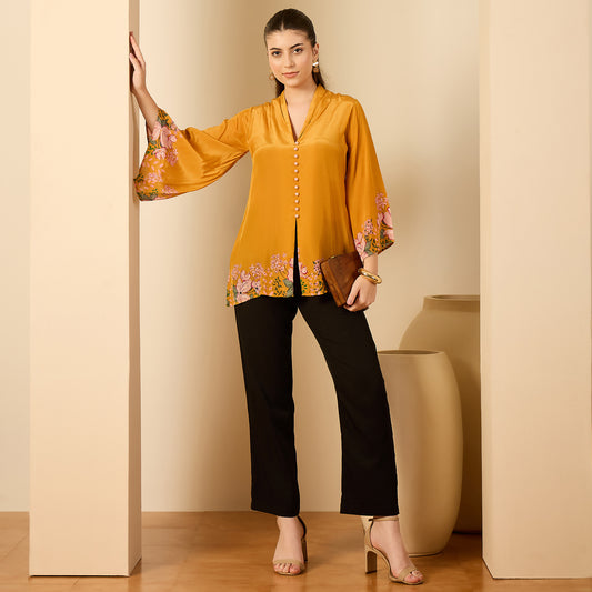 Mustard Yellow Floral Flared Embellished Top