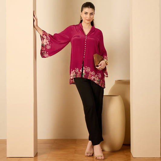 Pink Floral Flared Embellished Top