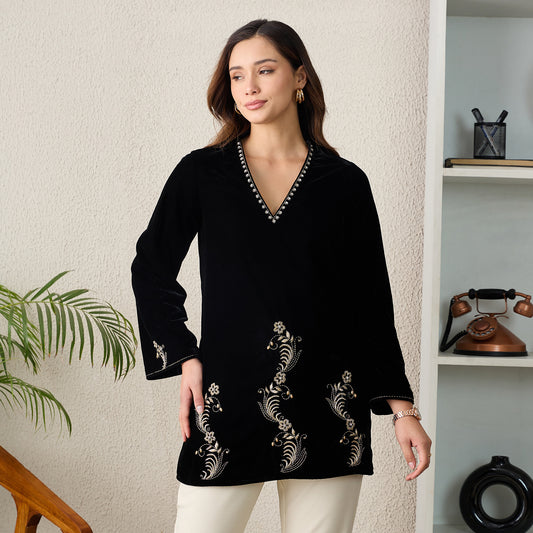 Black Absract Floral Hand Embroidered Velvet Top