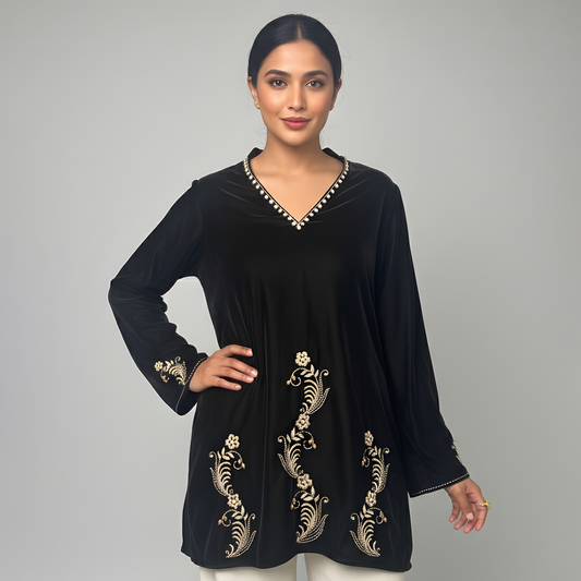 Black Absract Floral Hand Embroidered Velvet Top