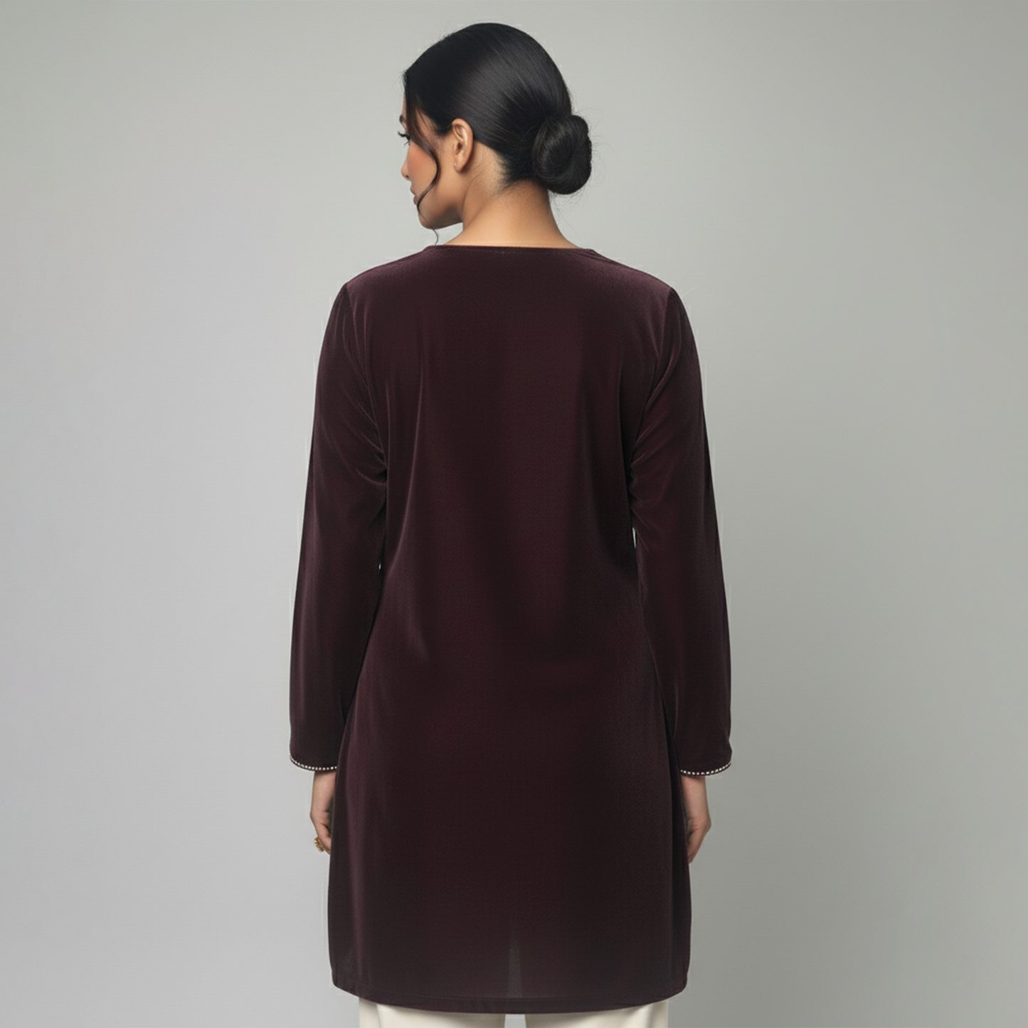 Plum Grey Absract Floral Hand Embroidered Velvet Top