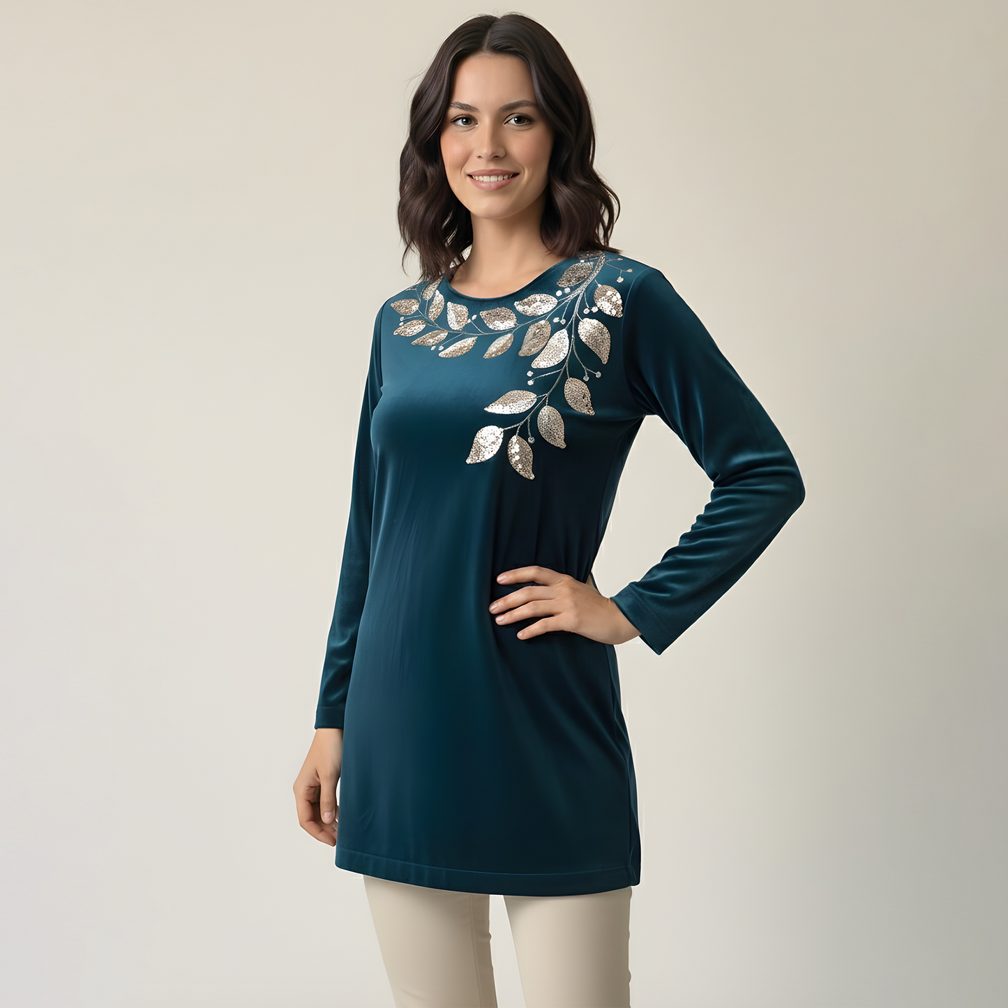 Teal Blue Golden Vine Hand Embroidered Velvet Top