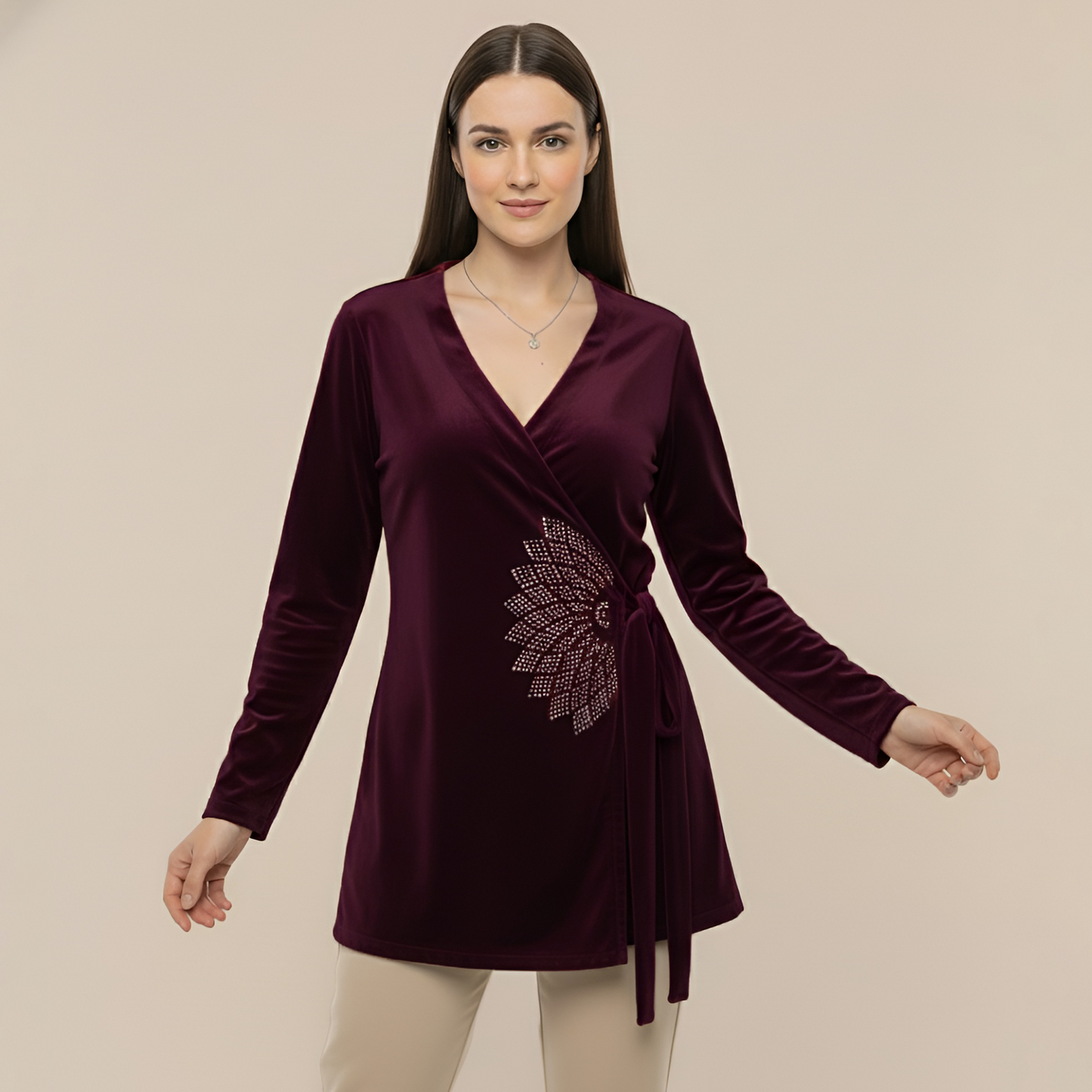 Plum Crystal Embellished Wrap Velvet Top