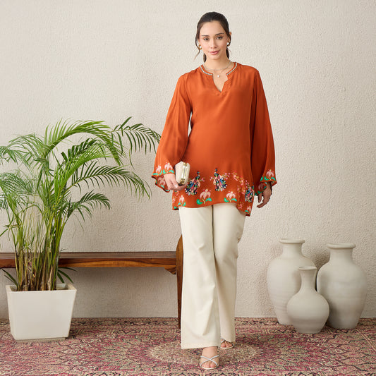 Brown Peacock Floral Printed Hand-Embroidered Top