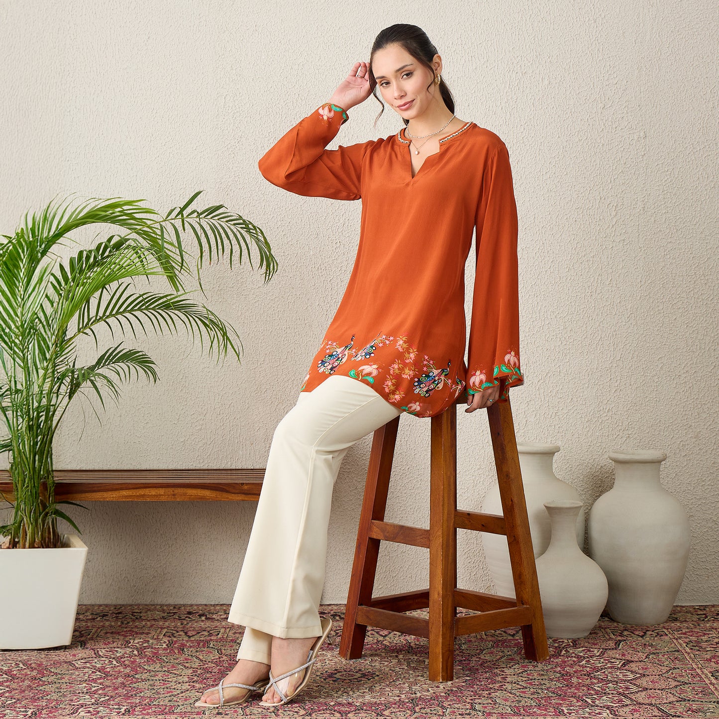 Brown Peacock Floral Printed Hand-Embroidered Top