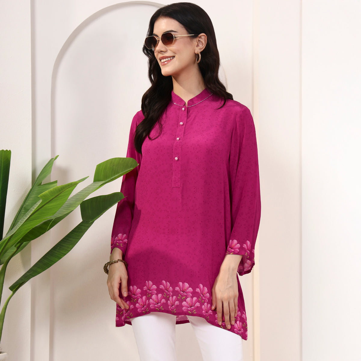 Pink Floral Print Top for Women – Viscose Crepe | First Resort by Ramola Bachchan