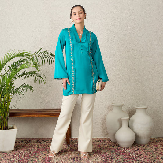 Teal Hand-Embroidered Space-Tucks Top