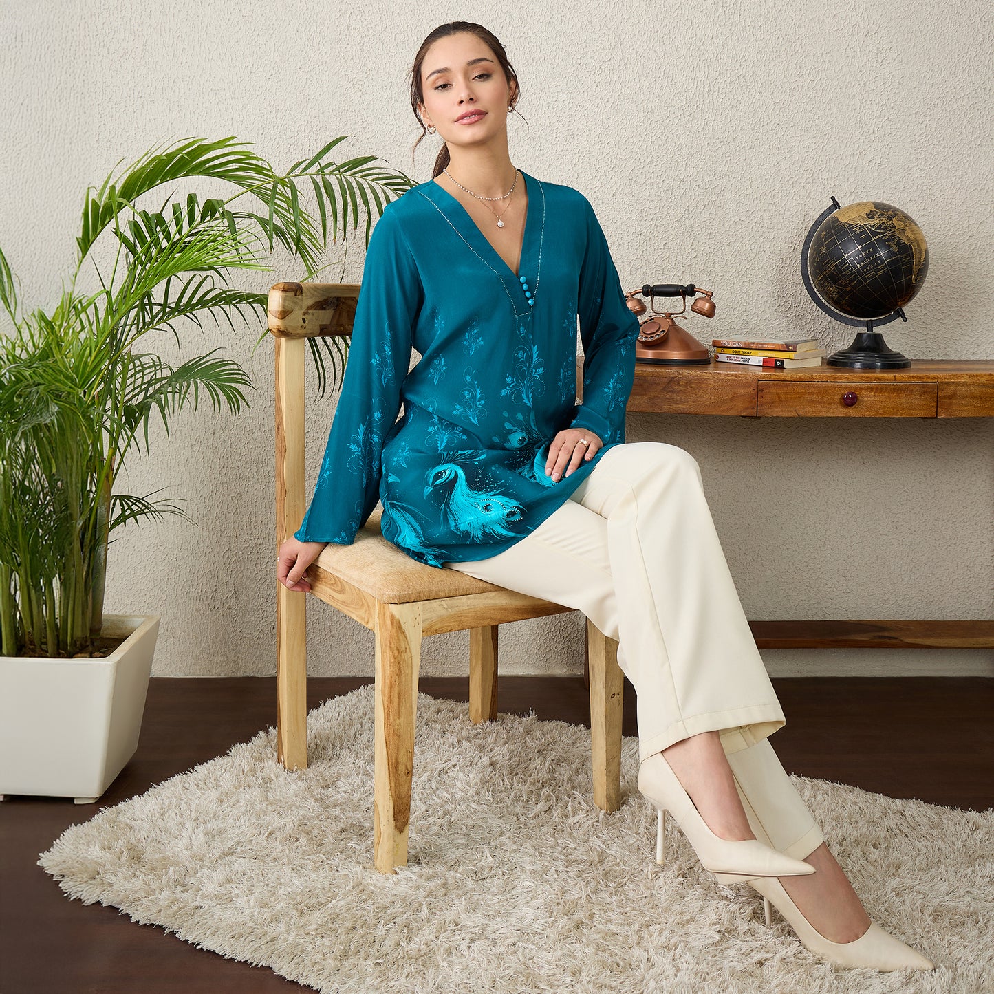 Teal Monochrome Peacock Printed Top