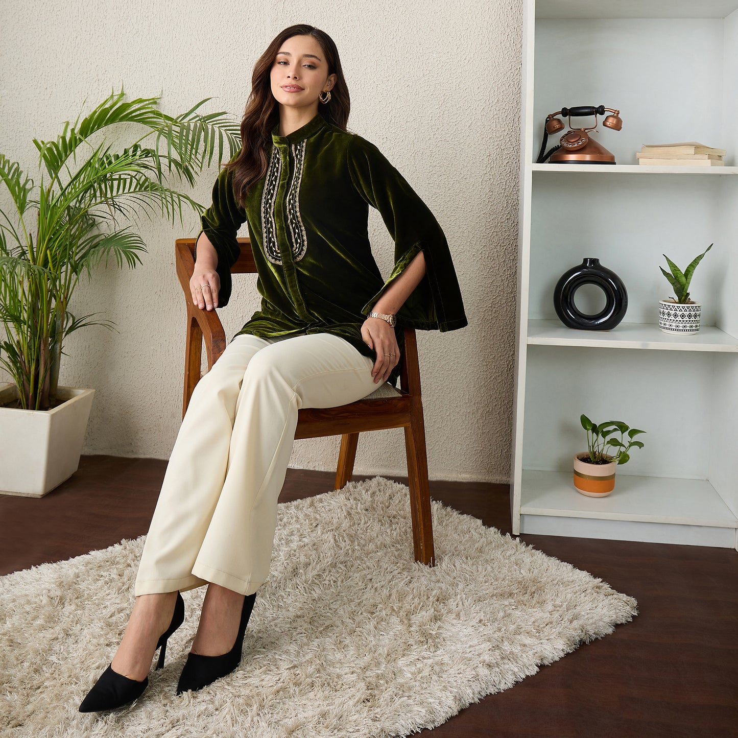 Green Golden Yoke Embroidered Velvet Top