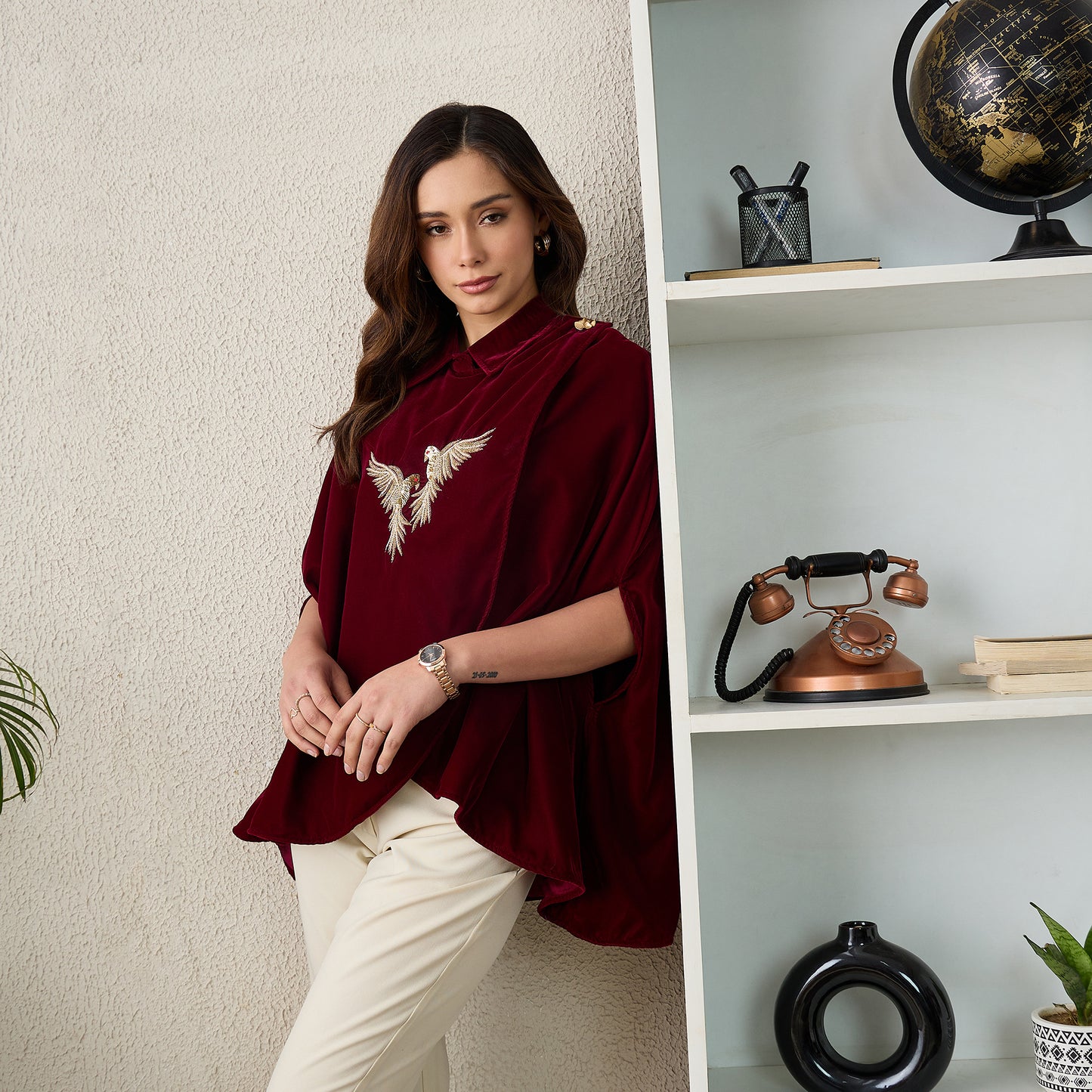 Maroon Golden Birds Embroidered Wrap Shirt