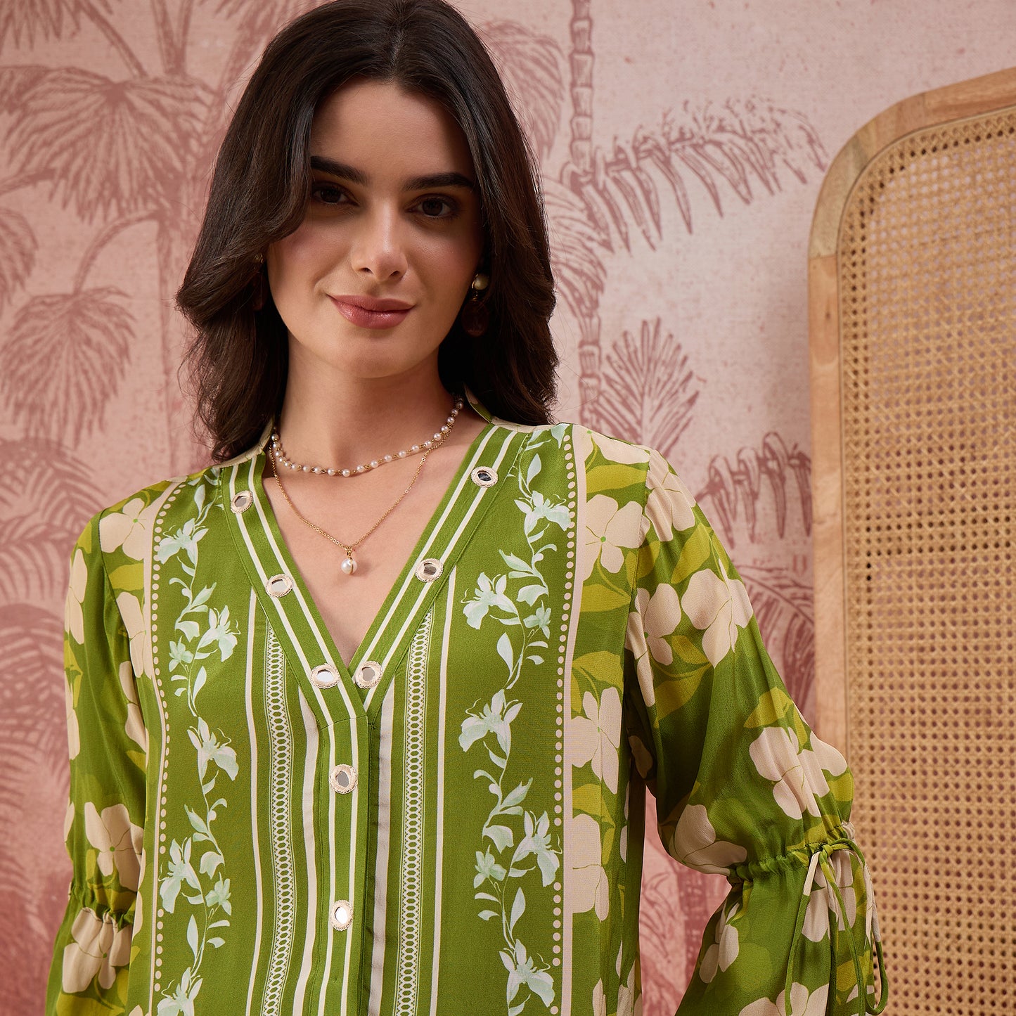Light Green Floral Mirror Embroidered Tassel Top