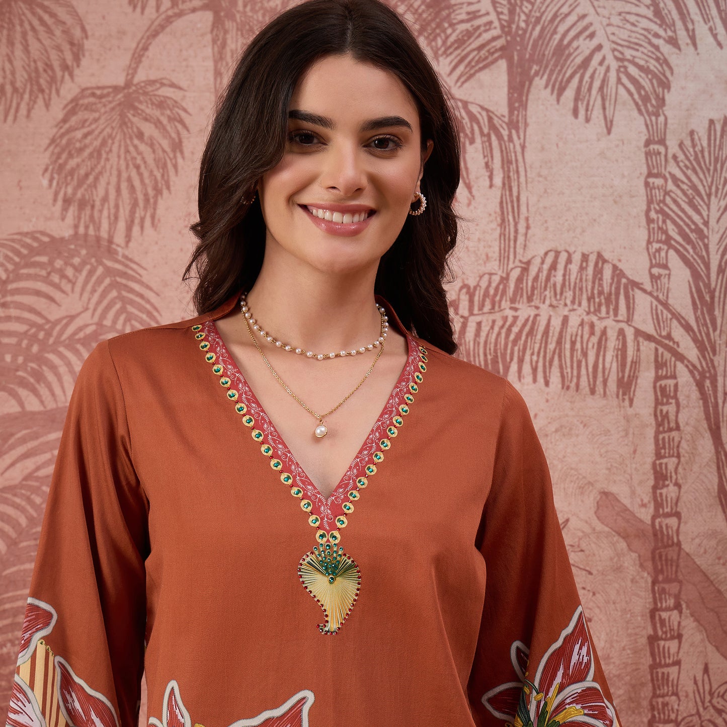 Brown Striped Floral Embellished Top