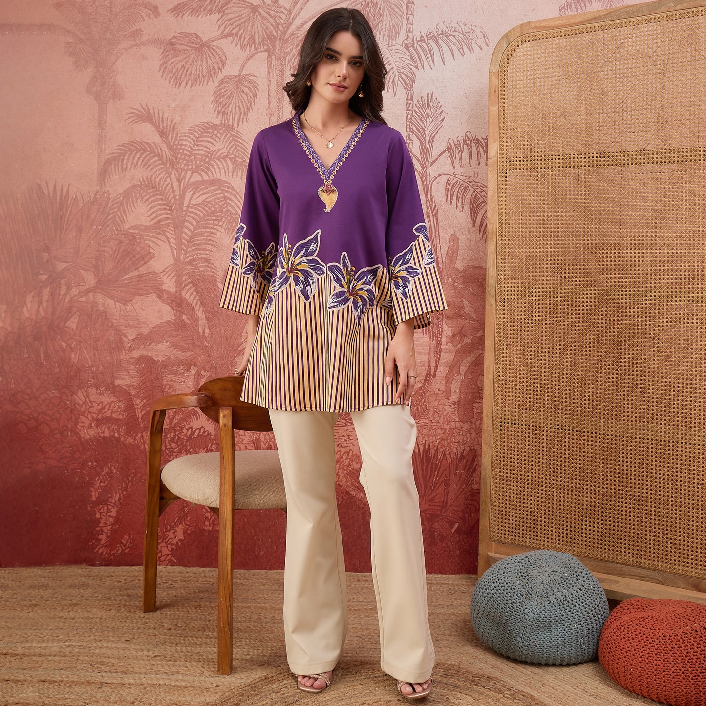 Purple Striped Floral Embellished Top