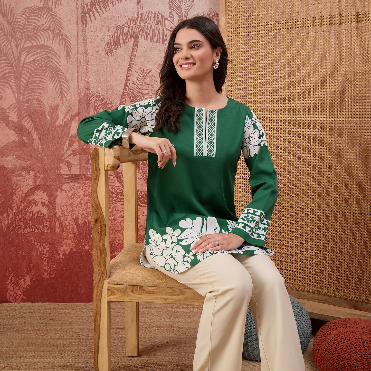 Green Warli-Inspired Floral Printed Top