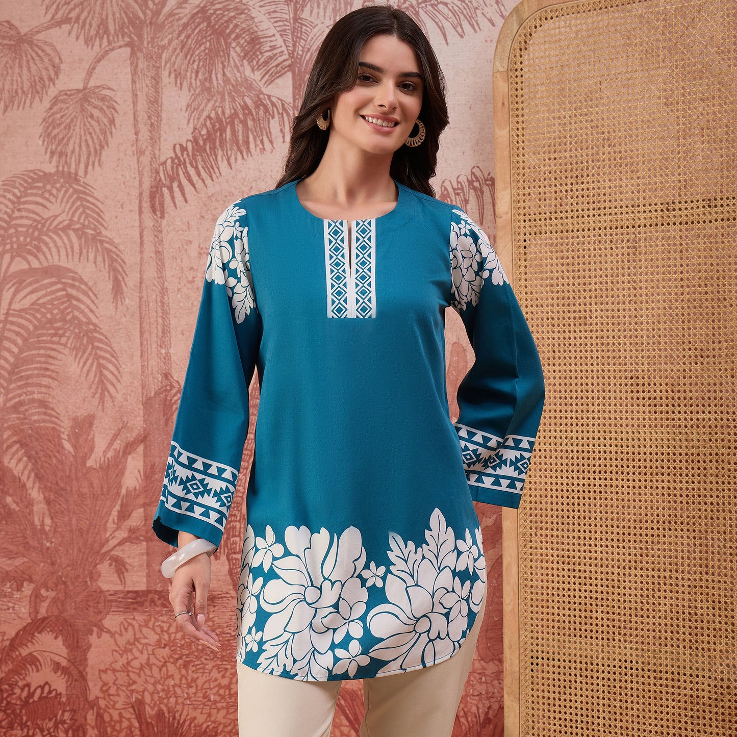 Teal Warli-Inspired Floral Printed Top