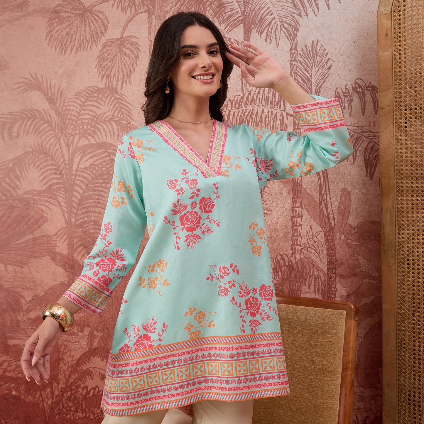 Blue and Pink Rose Printed Geometric Top