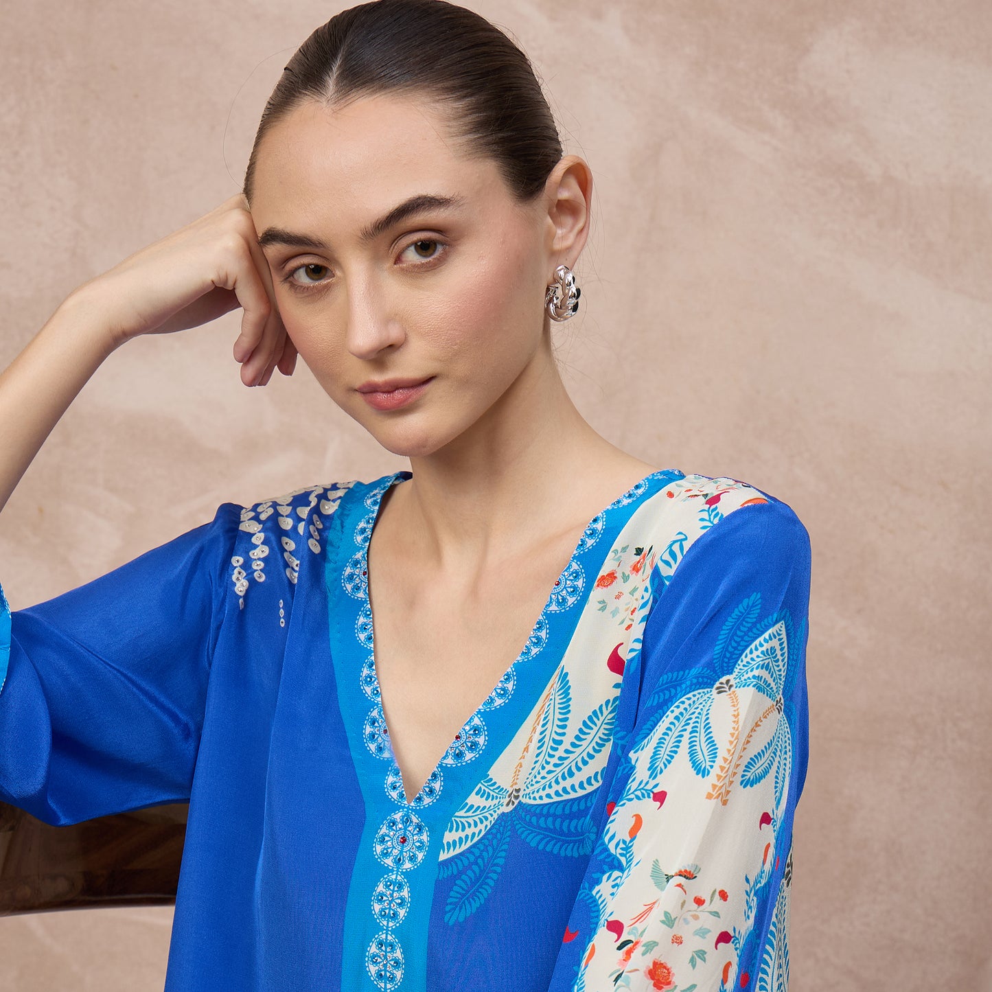 Cobalt Blue Floral Print Top for Women – Viscose Crepe | First Resort by Ramola Bachchan