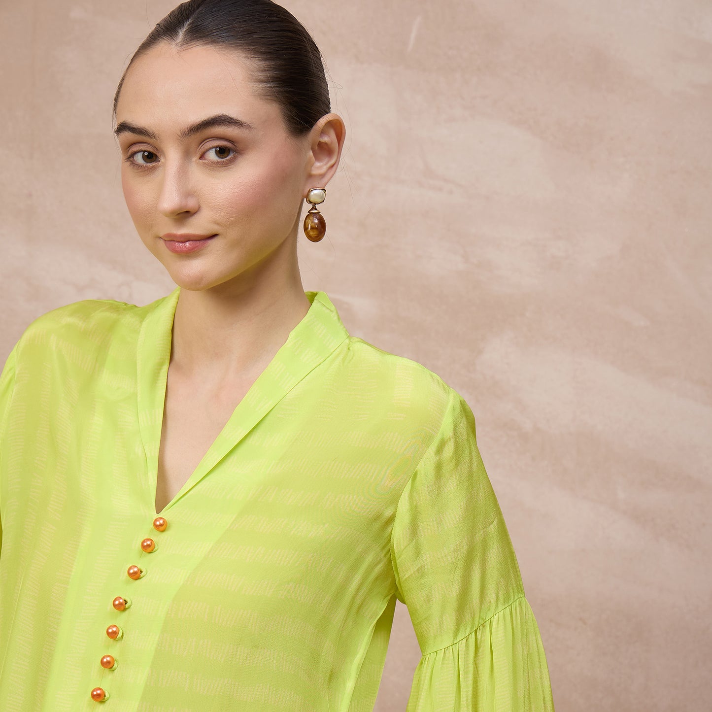 Lime Green Geometric Print Top for Women – Viscose Crepe – Close Up | First Resort by Ramola Bachchan