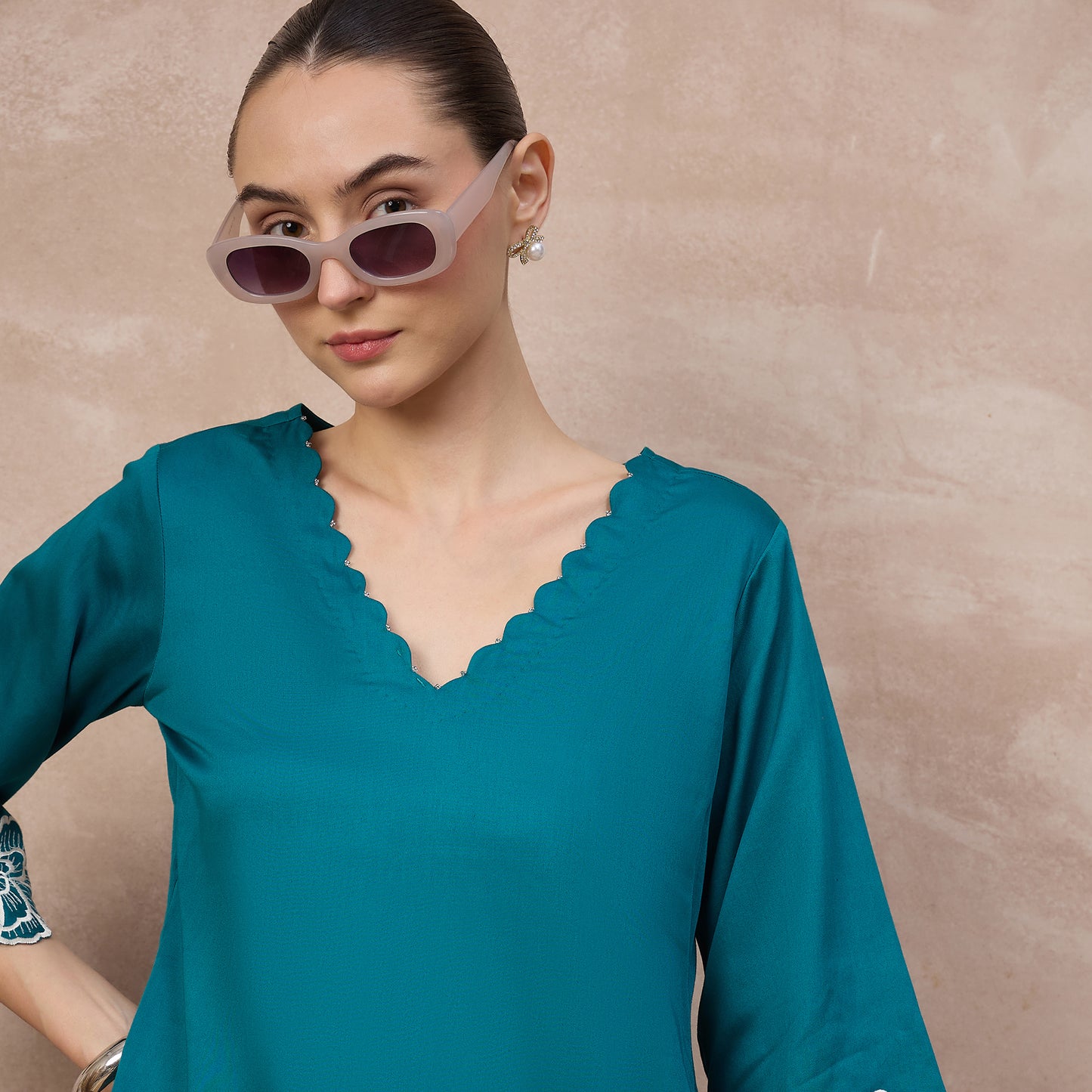 Teal Top for Women – Cotton Satin – Close Up | First Resort by Ramola Bachchan