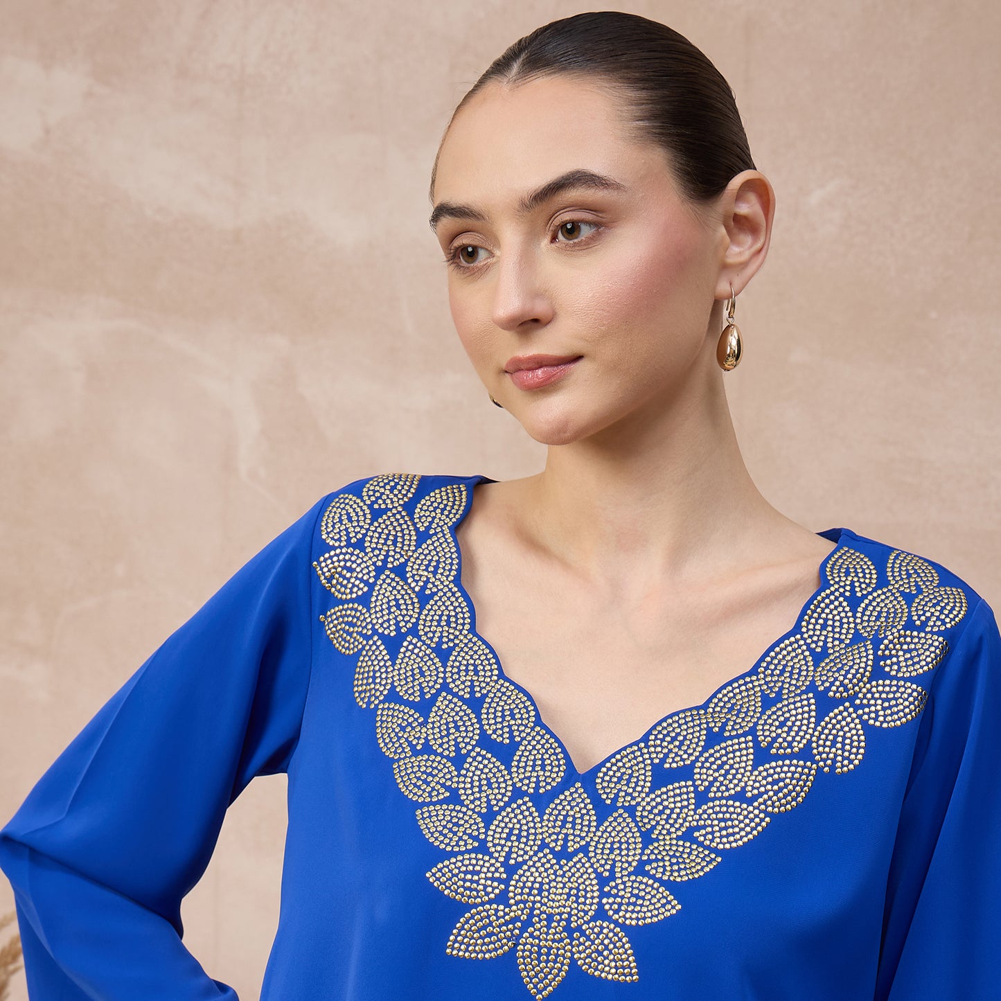 Blue Top for Women – Polyester Crepe – Close Up | First Resort by Ramola Bachchan